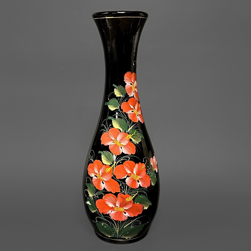 Vintage Japanese Ink Black Lacquer Vase with Hand-Painted Orange Floral Design